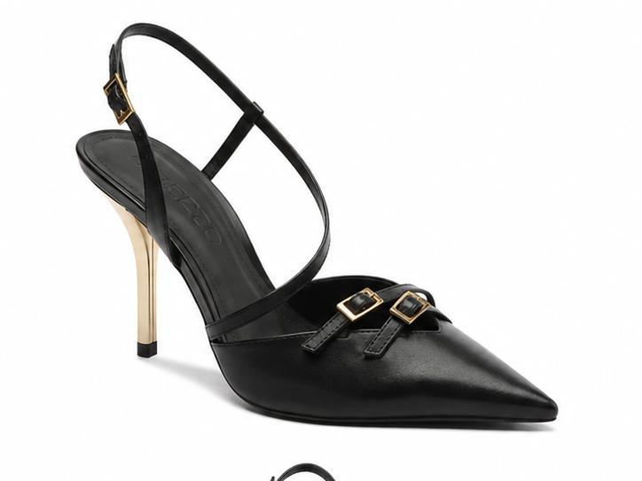 Scarpin Couro Slingback Fivelas Dourado Preto Arezzo — foto 2