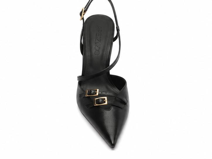 Scarpin Couro Slingback Fivelas Dourado Preto Arezzo — foto 4