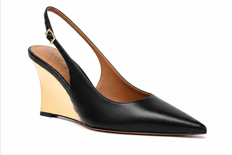 Scarpin Couro Slingback Salto Anabela Dourado Arezzo — foto 2