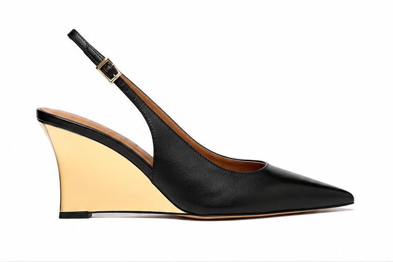Scarpin Couro Slingback Salto Anabela Dourado Arezzo